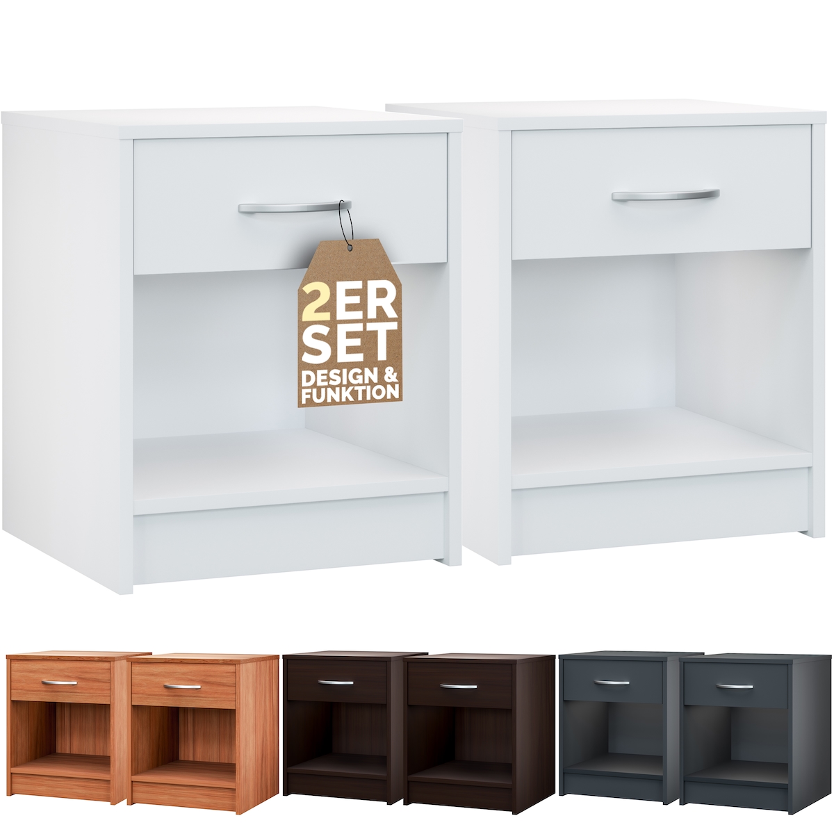 CASARIA® Nachttisch 2er Set mit Schublade Weiß Image