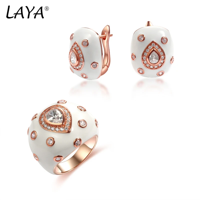 Laya 925 Sterling Silber Retro Stil Glänzende Zirkon Synthetische Kristall Blau Emaille Clip Ohrringe Ring Sets Für Frauen Schmuck Image