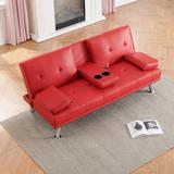 Double Folding Sofa Bed PU Leather Recliner Sofa for Office Velcro Fixed Square Arms Sleeper Loveseat with Coffee Table, Red