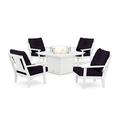 POLYWOODÂ® Prairie 5-Piece Deep Seating Set with Fire Pit Table in White / Navy Linen