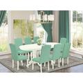 HomeStock Artisanal Abode 9 Pc Kitchen Set For 8 Dining Table With Leaf And Eight Parson Chair With Linen White Leg And Pu Leather Color Pond