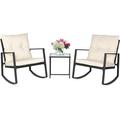 HBBOOMLIFE 3-Piece Patio Bistro Set Outdoor Rocking Chairs Set Black Wicker Porch Chairs with Glass Coffee Table Beige Cushion