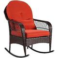 HBBOOMLIFE Outdoor Wicker Rocking Chair All Weather PE Rattan Rocker with Cushion & Pillow Outdoor Rocking for Garden Porch Backyard Poolside (Brown Rattan+ Orange Cushion)