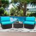 HBBOOMLIFE 3-Piece Outdoor Patio Set Bistro Rattan Conversation Chat Sets Armless All Weather PE Wicker Outside Chairs with Glass Coffee Table and Blue Cushions