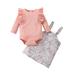 Bjutir Fall Winter Outfit Set For Kids Children Girls Long Sleeve Ribbed Tops Flower Suspender Dress Set 2Pcs Outfits Clothes Set For Kids