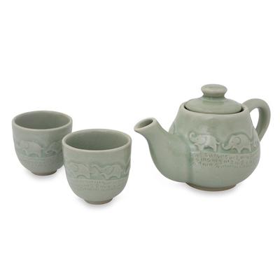 Celadon ceramic tea set, 'Elephant Family' (set for 2)