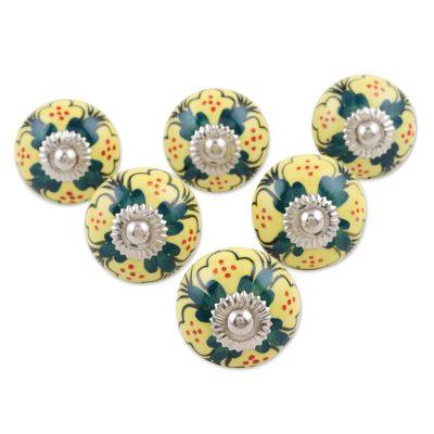 Yellow Flowers,'Hand Painted Ceramic Floral Knobs from India (Set of 6)'