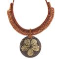 Rustic Frangipani,'Thai Leather and Coconut Shell Floral Handmade Necklace'