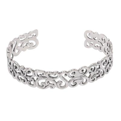 Elegant Fern,'Hand Crafted Sterling Silver Cuff Bracelet with Floral Motif'