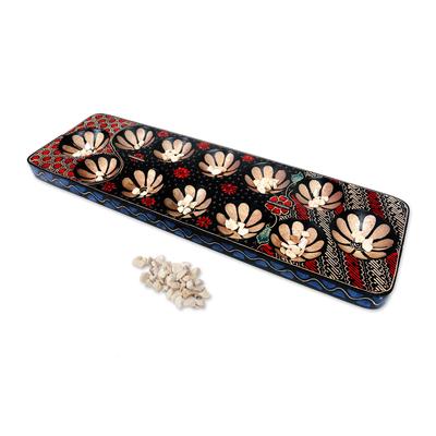Cunning Multicolor Flowers,'Batik Wood Mancala Board Game Handcrafted'