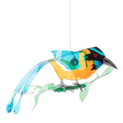 'Hand-Painted Recycled Plastic Mobile of an Amazonian Motmo'