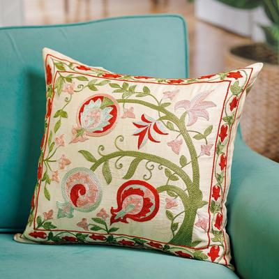 Sweet Omens,'Pomegranate-Themed Embroidered Silk Blend Cushion Cover'
