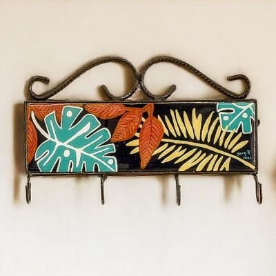 'Hand-Painted Leafy Black Iron and Laurel Wood Key Rack'