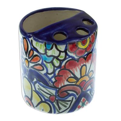 Talavera Flowers,'Artisan Crafted Multicolored Ceramic Toothbrush Holder'