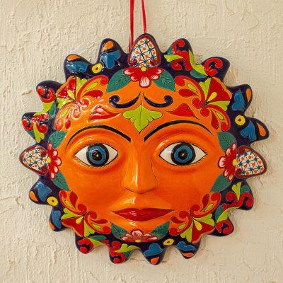 Señor Sol,'Orange Talavera Style Sun Wall Plaque from Mexico'