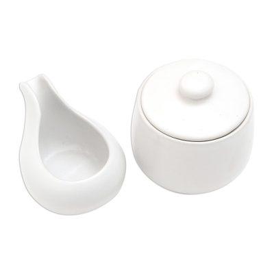 Coffee Time in White,'White Ceramic Cream and Sugar Set (Pair)'