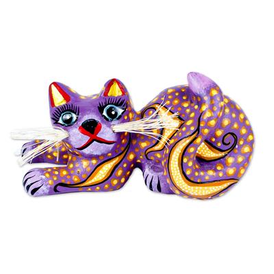 Purple Pouncing Cat,'Purple Crouching Cat Alebrije Figure with Henequen Whiskers'