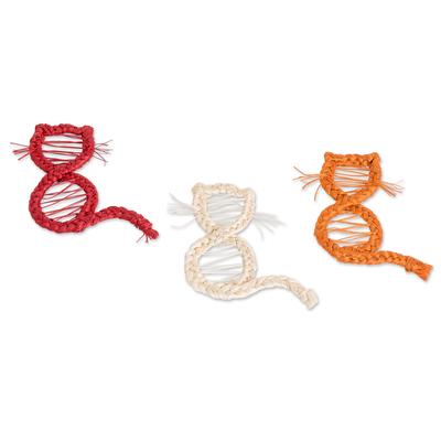 United Kitten,'3 Handmade Natural Fiber Cat Magnets in Red Orange and Ivory'