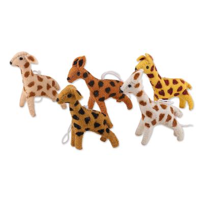 'Set of Five Warm-Toned Wool and Cotton Giraffe Ornaments'
