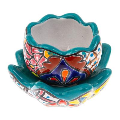 Talavera Eden in Teal,'Handcrafted Floral Ceramic Pot with Saucer in a Teal Hue'