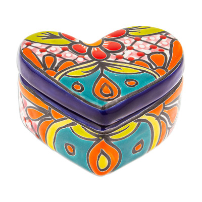 Classic Romance,'Heart-Shaped Floral Talavera Ceramic Decorative Box'