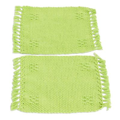 Lemony Lime,'Pair of Hand-Woven Cotton Coasters in Green with Fringes'