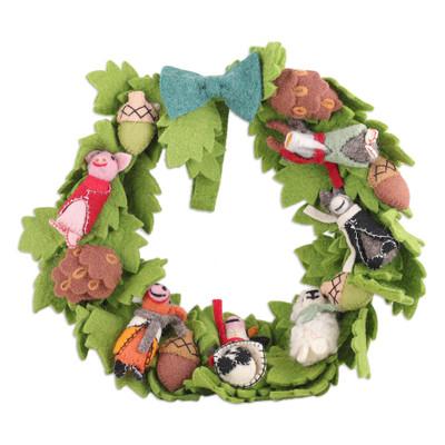 BarnyardParty,'Leafy Barn Animal Themed Green Wool Felt Wreath from India'