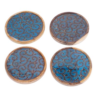 Ocean Ivy,'Set of 4 Ivy-Patterned Black and Blue Neem Wood Coasters'