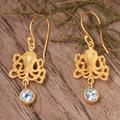 '22k Gold-Plated Octopus Dangle Earrings with Blue Topaz Gems'