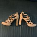 Ralph Lauren Shoes | New 7 1/2 B Ralph Lauren Camel Suede 5” Heel Open Toe Braided Strappy Sandals | Color: Tan | Size: 7.5