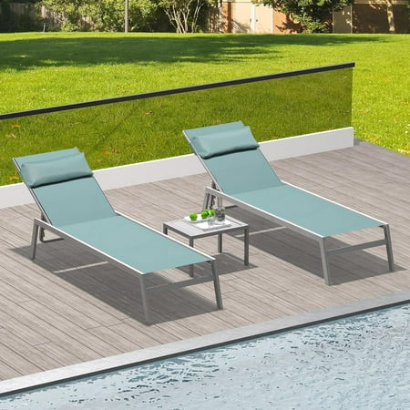 Domi Patio Chaise Lounge Set of 3 Aluminum Adjustable Pool Lounge Chairs with Side Table Sunbathing Lounger for Deck Lawn Patio Backyard Textilene - Turquoise Blue