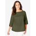 Plus Size Women's Stretch Poplin Button Boatneck Tunic by Jessica London in Dark Olive Green (Size 18 W)