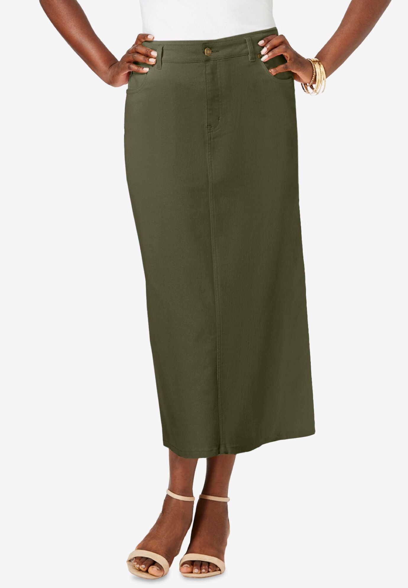 Plus Size Women's True Fit Stretch Denim Midi Skirt by Jessica London in Dark Olive Green (Size 26 W)