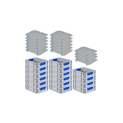 PROREGAL SuperSparSet 16x Eurobox NextGen Color mit Auflagedeckel & Verschlüsse, HxBxT 12x30x40cm, 11L, Grau, Griffe blau zu, Eurobehälter Image