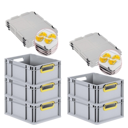 PROREGAL SparSet 5x Eurobox NextGen Color mit Auflagedeckel & Verschlüsse, HxBxT 17x30x40cm, 16L, Grau, Griffe gelb offen, Eurobehälter, Box Image
