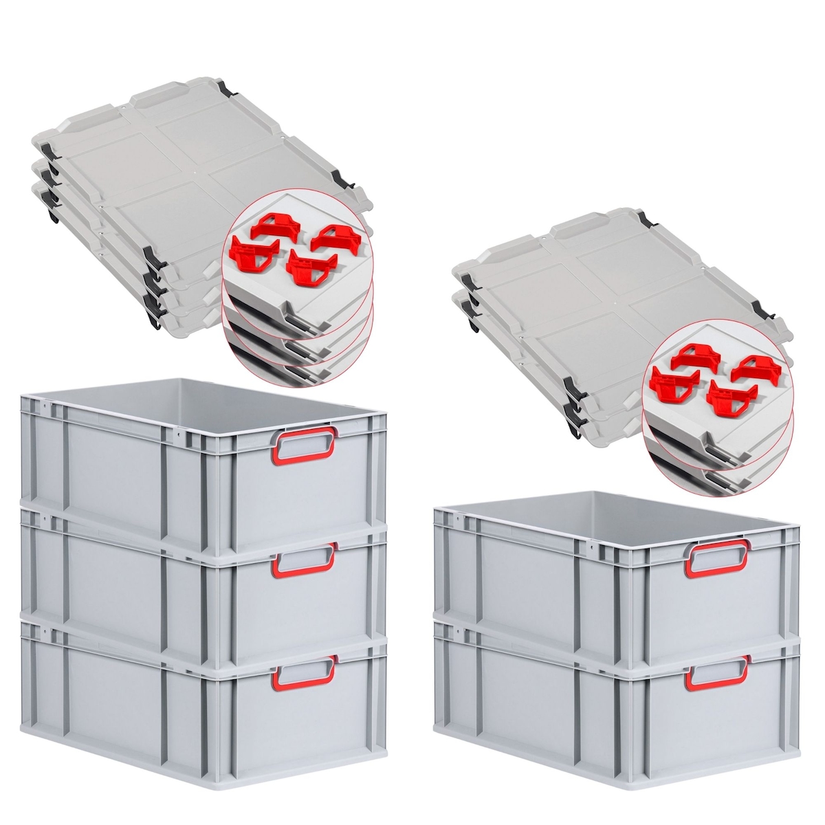 PROREGAL 5x Eurobox NextGen Color mit Auflagedeckel & Schiebeschnappverschlüsse | HxBxT 22x40x60cm | 44L | Griffe rot zu Image