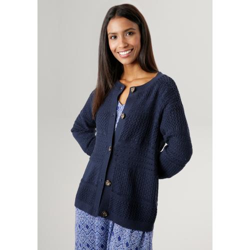 Strickjacke ANISTON SELECTED Gr. 38, blau (marine) Damen Strickjacken im Strickmuster-Mix