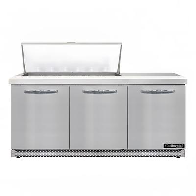 Continental D72N18M-FB 72" Designer Line Sandwich/Salad Prep Table w/ Refrigerated Base, 115v, 3 Doors, Front Breathing, Stainless Steel