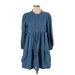 A. CALIN By Flying Tomato Casual Dress - A-Line High Neck 3/4 sleeves: Blue Solid Dresses - Women's Size Small