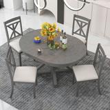5-Piece Retro Functional Dining Table Set Extendable Round Table and 4 Upholstered Chairs for Dining Room and Living Room