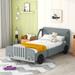 Gray Twin Size Car-Shaped Platform Bed Frame w/ Wheels Creative Trundle Bed for Kids, Teens No Box Spring Needed, Easy Assembly