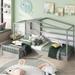 Twin Size Wood L Tructure Gray House Floor Bed w/ 2 Twin Solid Bed w/ Fence and Slatted Platform Bed Frame for Kids, Teens