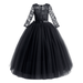 IBTOM CASTLE Flower Girls Long Floral Boho Lace Wedding Bridesmaid Dress 3/4 Sleeves Princess Puffy Maxi Tulle Pageant Formal Party Gowns 3-4 Years Black