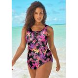 Plus Size Women's Sarong-Front Swimsuit by Swim 365 in Pink Neon Floral (Size 14)