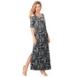 Plus Size Women's Ultrasmooth® Fabric Cold-Shoulder Maxi Dress by Roaman's in Black White Floral (Size 22/24) Long Stretch Jersey