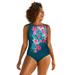 Plus Size Women's Chlorine Resistant High Neck Tummy Control One Piece Swimsuit by Swimsuits For All in Mediterranean Hibiscus (Size 16)
