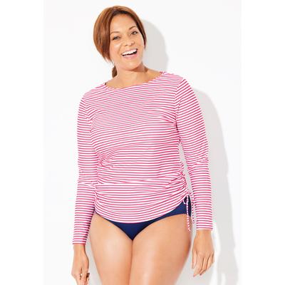 Plus Size Women's Chlorine Resistant Side-Tie Long Sleeve Swim Shirt Rash Guard by Swimsuits For All in Fire Coral Stripe (Size 14)