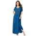 Plus Size Women's A-Line Embroidered Crinkle Maxi by Roaman's in Blue Folk Embroidery (Size 26/28)