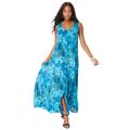 Plus Size Women's Button-Front Crinkle Dress with Princess Seams by Roaman's in Deep Turquoise Tie Dye Floral (Size 18/20)