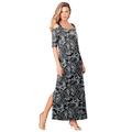 Plus Size Women's Ultrasmooth® Fabric Cold-Shoulder Maxi Dress by Roaman's in Black White Floral (Size 38/40)